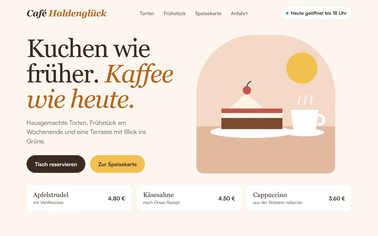 Nachher: moderne Demo-Website der erfundenen Café Haldenglück