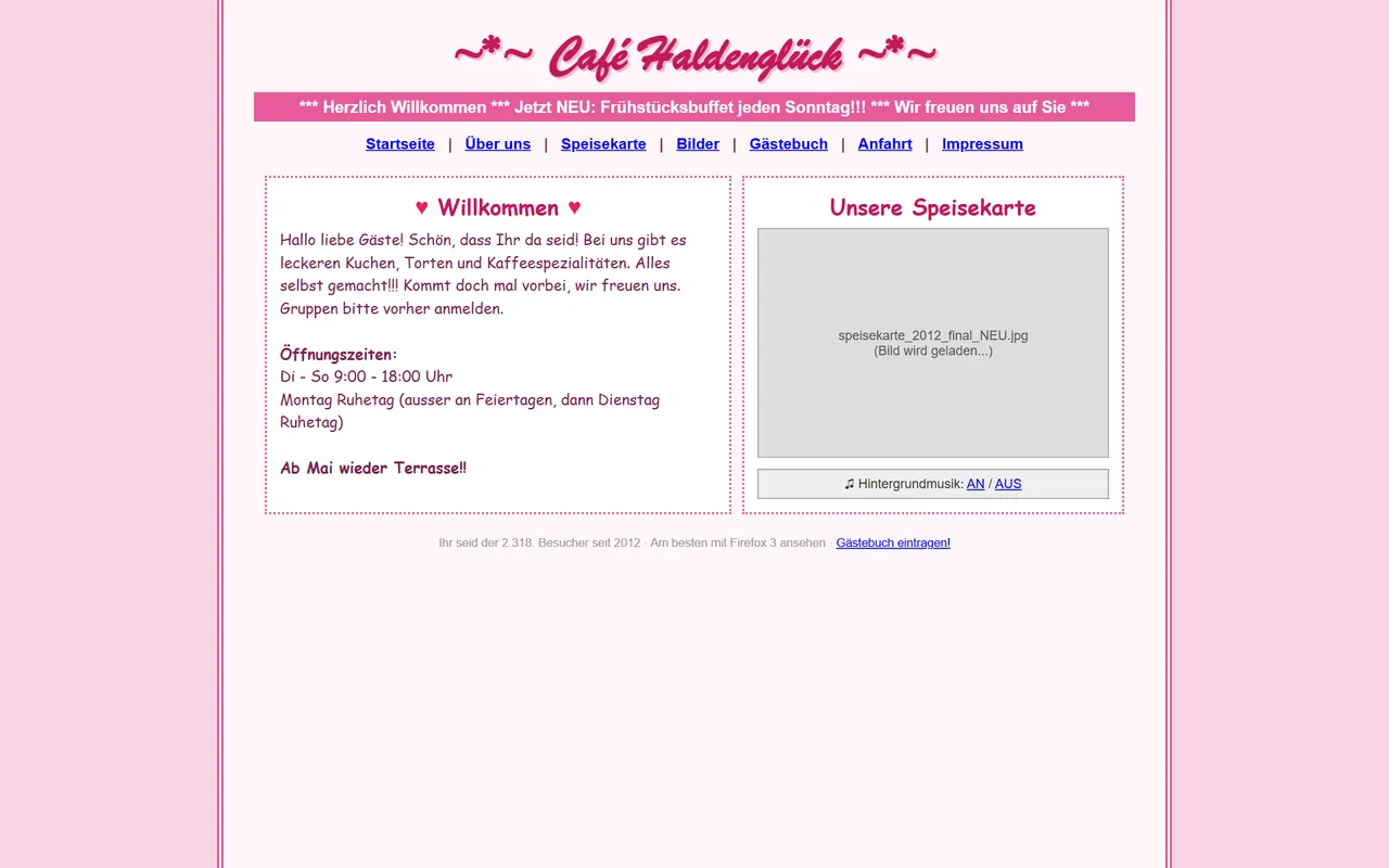Vorher: veraltete Demo-Website der erfundenen Café Haldenglück, Stil um 2010