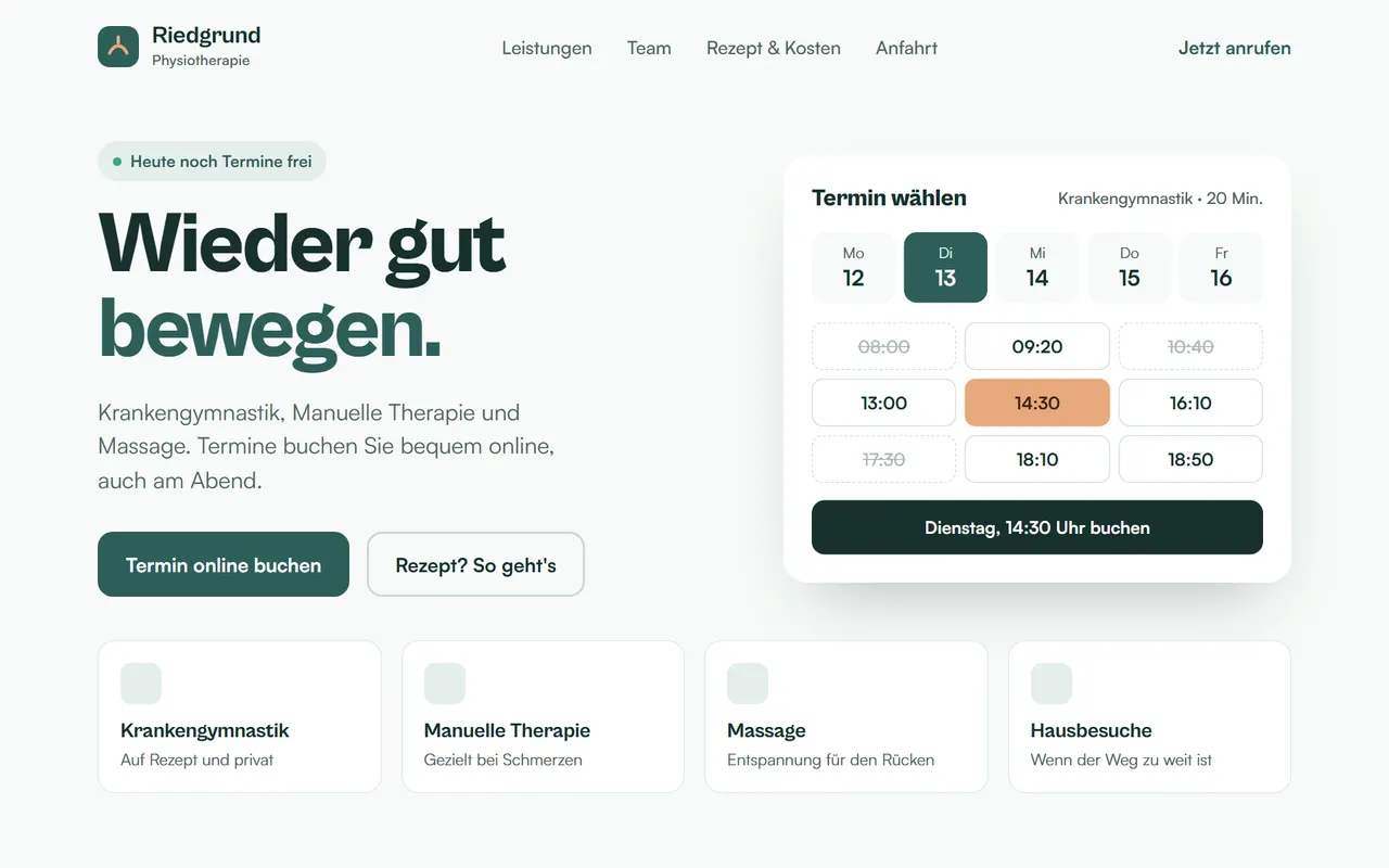 Nachher: moderne Demo-Website der erfundenen Physiotherapie Riedgrund