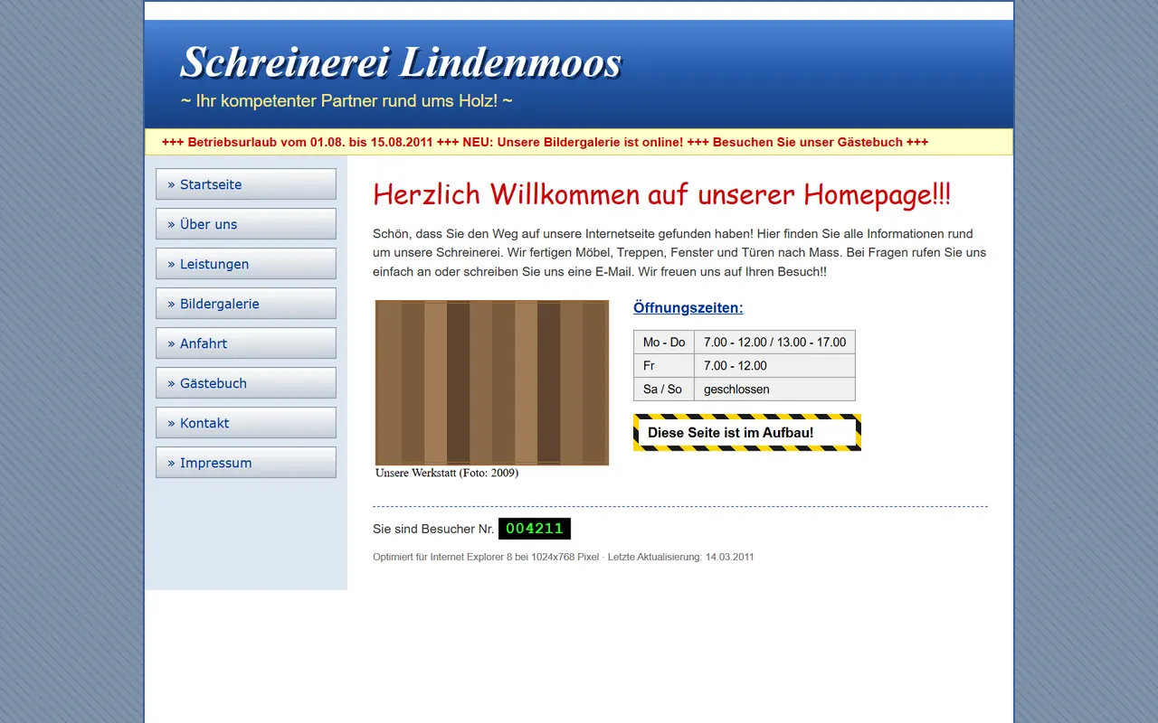 Vorher: veraltete Demo-Website der erfundenen Schreinerei Lindenmoos, Stil um 2010